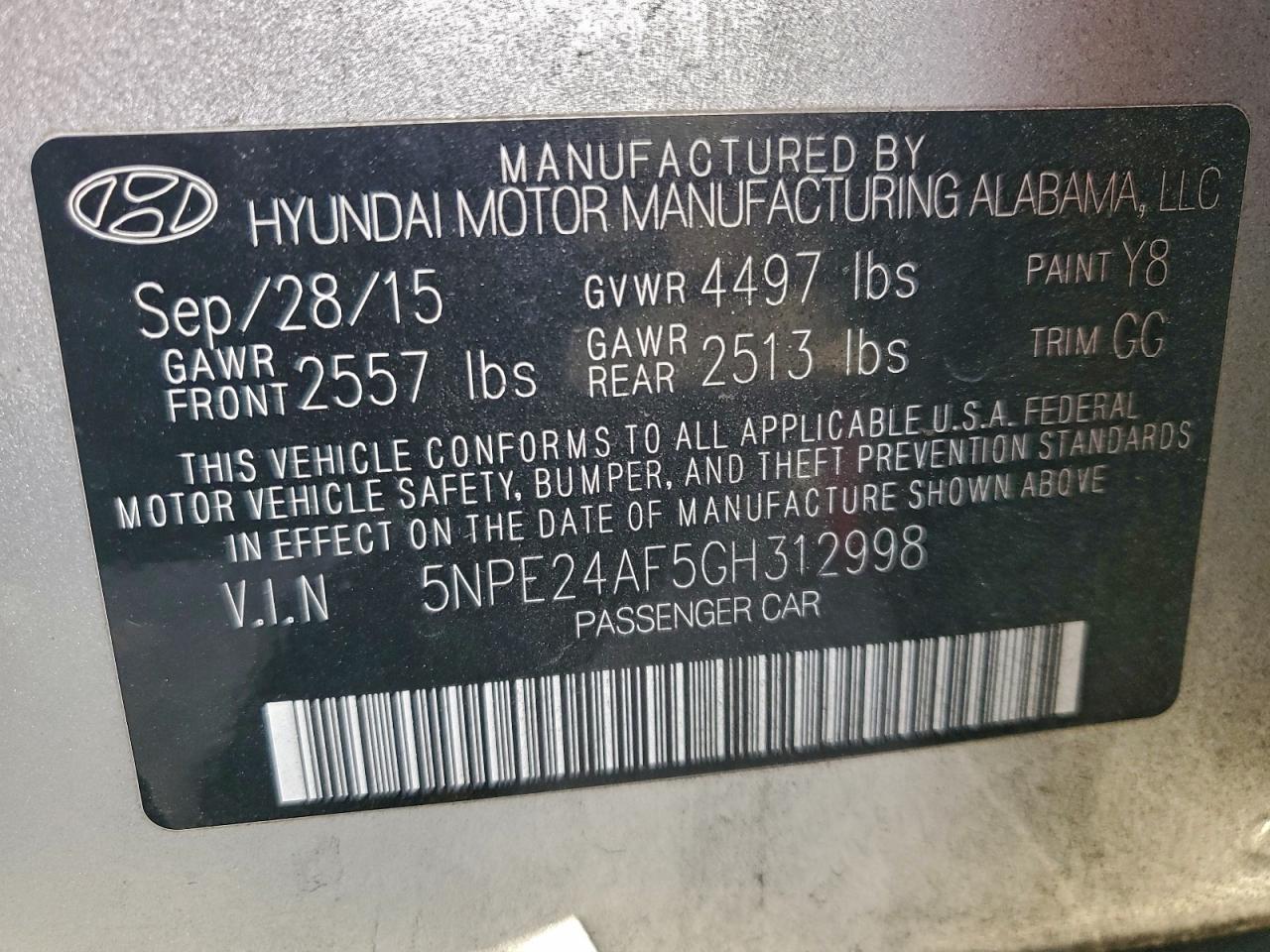 2016 Hyundai Sonata Se VIN: 5NPE24AF5GH312998 Lot: 94130445