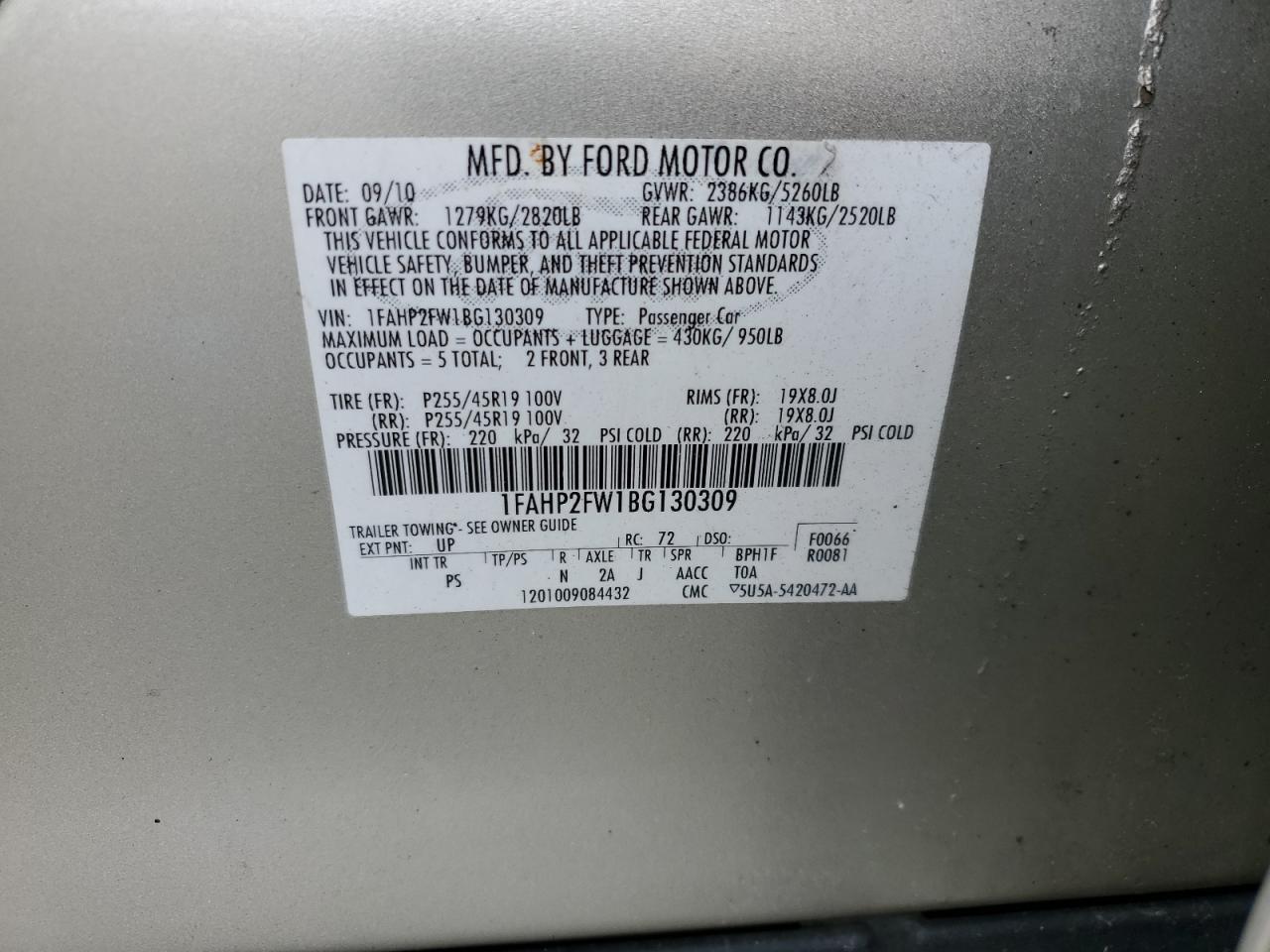 2011 Ford Taurus Limited VIN: 1FAHP2FW1BG130309 Lot: 92248435