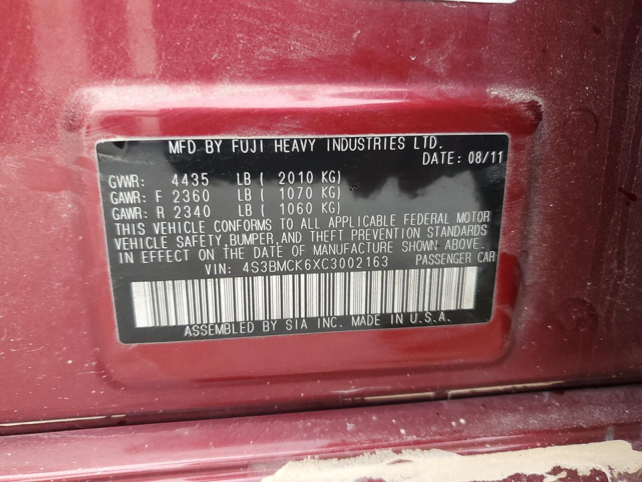 2012 Subaru Legacy 2.5I Limited VIN: 4S3BMCK6XC3002163 Lot: 93290575