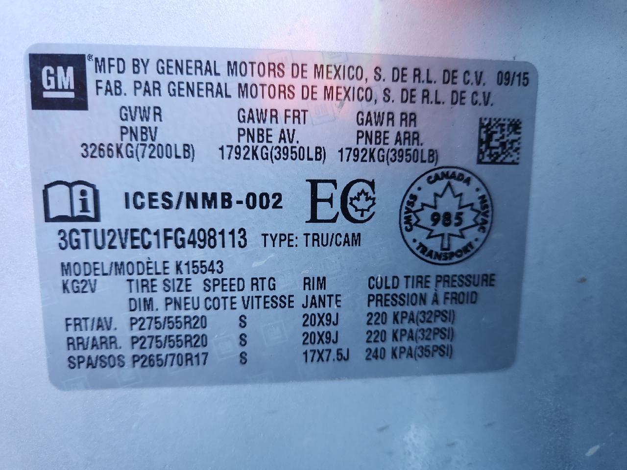 2015 GMC Sierra K1500 Slt VIN: 3GTU2VEC1FG498113 Lot: 93506145