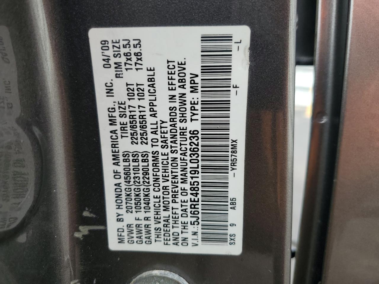 2009 Honda Cr-V Ex VIN: 5J6RE48519L036236 Lot: 91406535