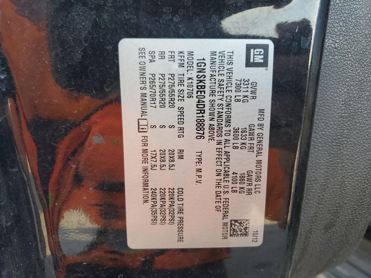 2013 Chevrolet Tahoe K1500 Lt VIN: 1GNSKBE04DR188876 Lot: 92925395