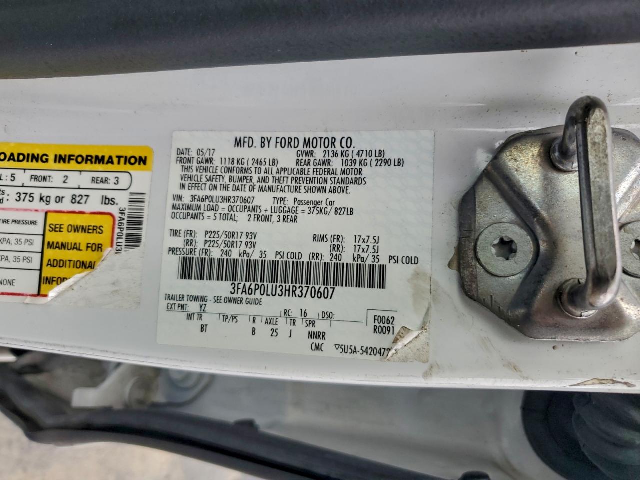 2017 Ford Fusion Se Hybrid VIN: 3FA6P0LU3HR370607 Lot: 93346075