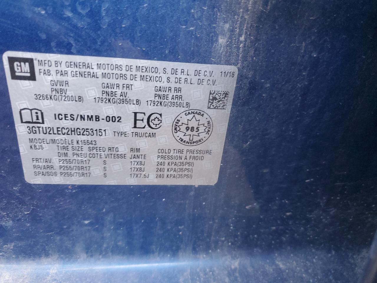 2017 GMC Sierra K1500 VIN: 3GTU2LEC2HG253151 Lot: 92610035