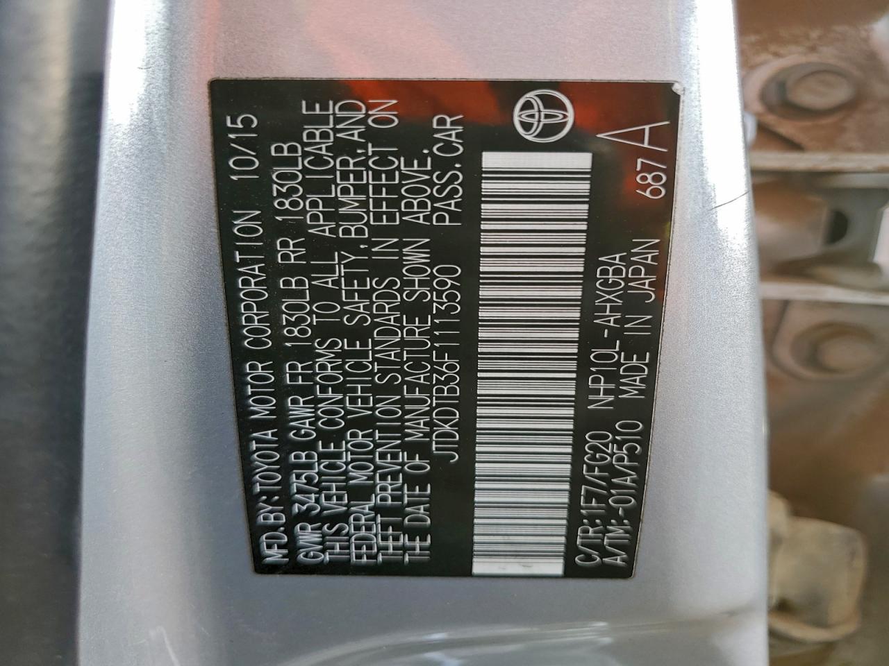 2015 Toyota Prius C VIN: JTDKDTB36F1113590 Lot: 94571405