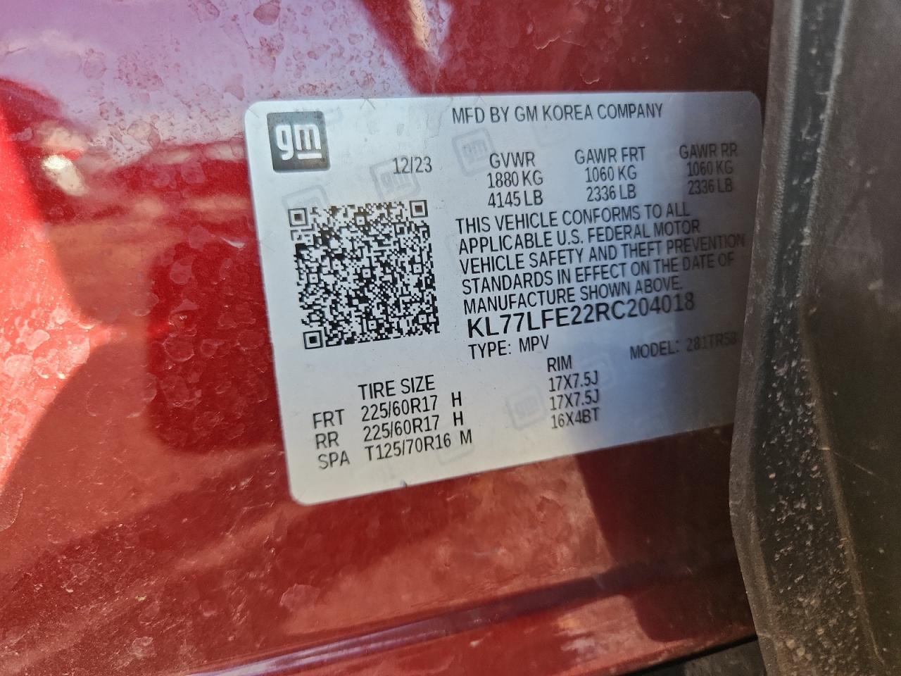 2024 Chevrolet Trax Ls VIN: KL77LFE22RC204018 Lot: 91082485