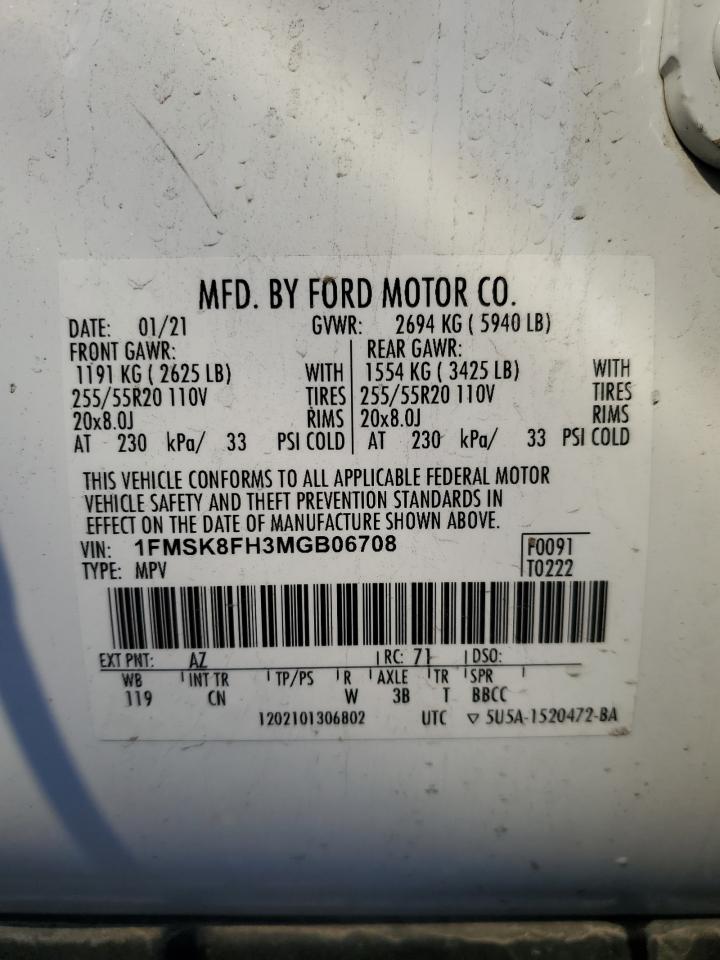 2021 Ford Explorer Limited VIN: 1FMSK8FH3MGB06708 Lot: 92666575