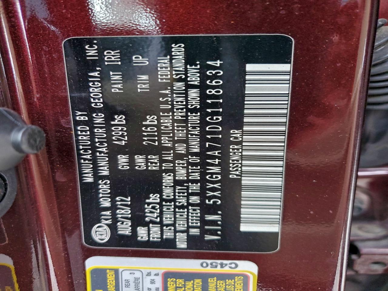 2013 Kia Optima Lx VIN: 5XXGM4A71DG118634 Lot: 93444195