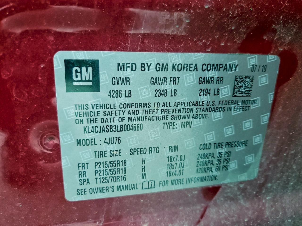 2020 Buick Encore Preferred VIN: KL4CJASB3LB004660 Lot: 94171515