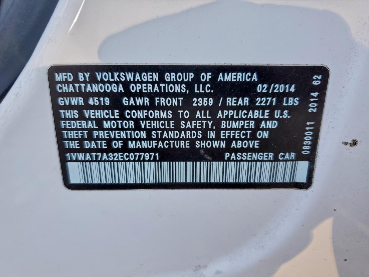 2014 Volkswagen Passat S VIN: 1VWAT7A32EC077971 Lot: 92824805