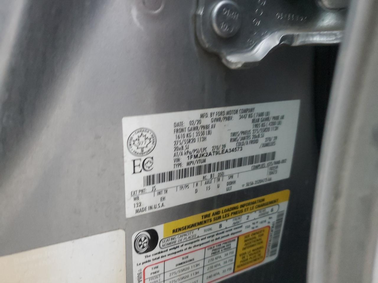 2020 Ford Expedition Max Limited VIN: 1FMJK2AT9LEA34573 Lot: 93529405