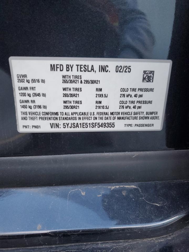 2025 Tesla Model S VIN: 5YJSA1E51SF549355 Lot: 92758645