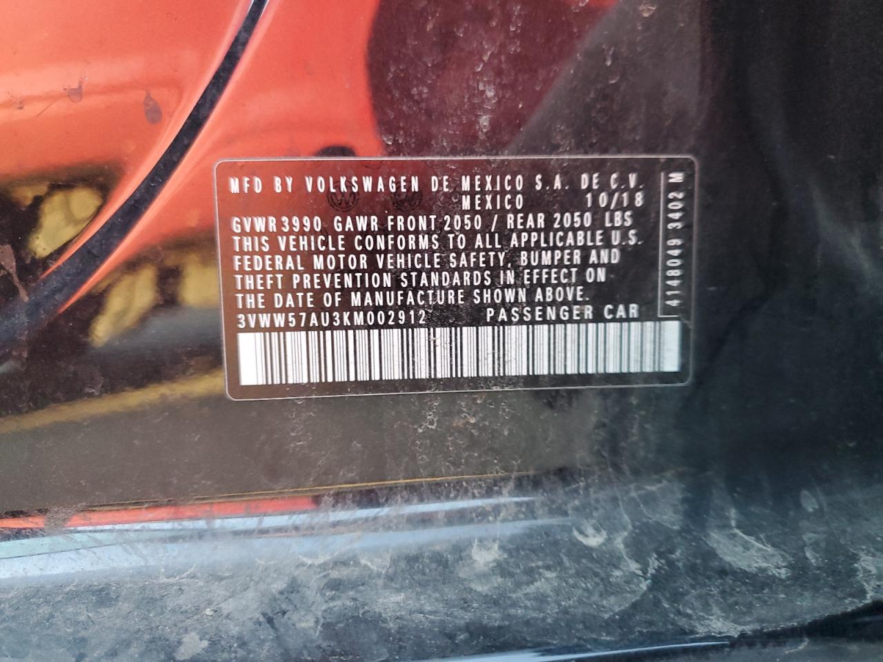 2019 Volkswagen Golf S VIN: 3VWW57AU3KM002912 Lot: 93609445