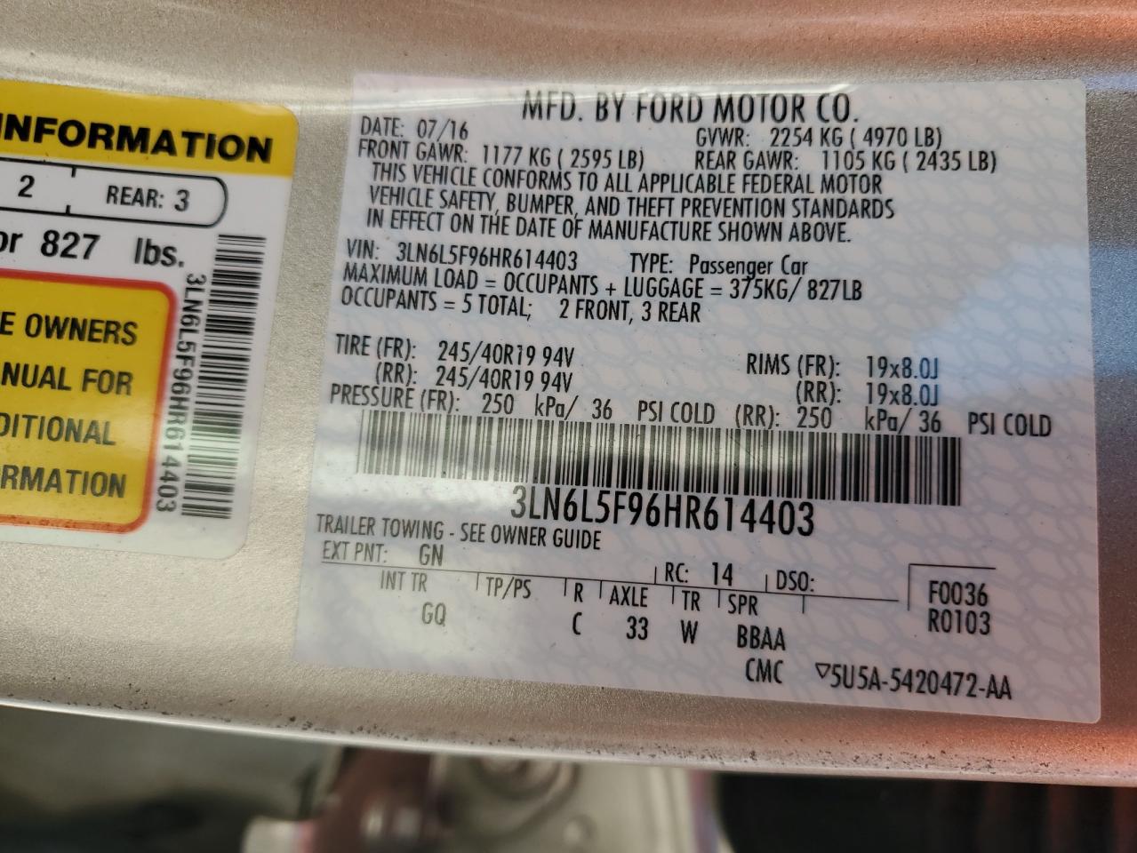 2017 Lincoln Mkz Reserve VIN: 3LN6L5F96HR614403 Lot: 92228695