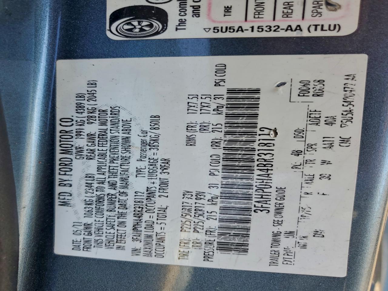 2011 Ford Fusion Se VIN: 3FAHP0HA4BR318112 Lot: 94521615