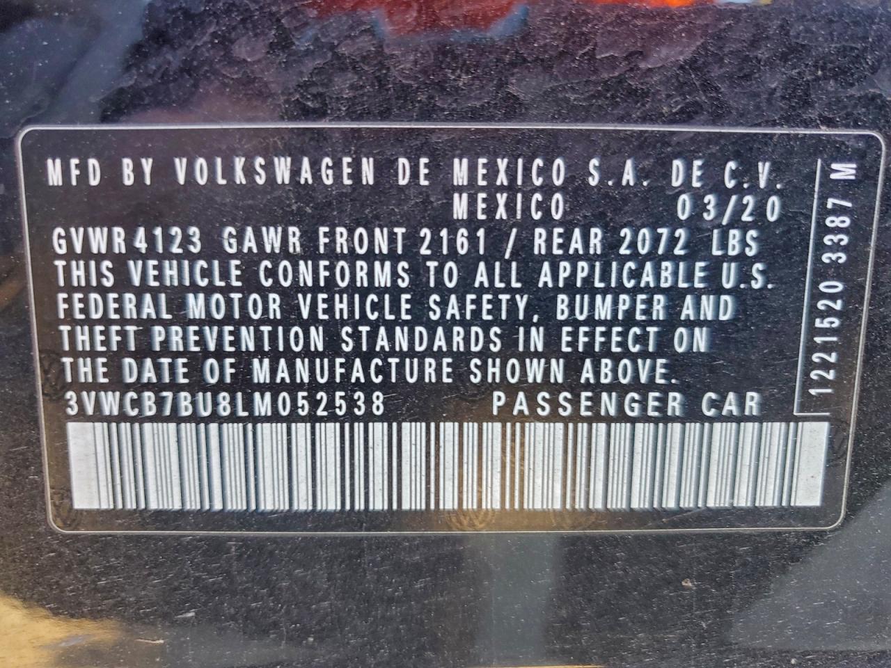 2020 Volkswagen Jetta S VIN: 3VWCB7BU8LM052538 Lot: 94127345