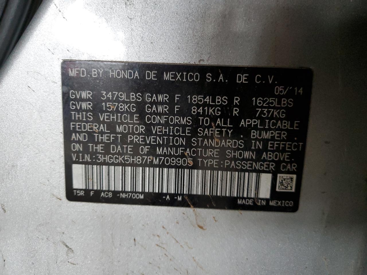 2015 Honda Fit Ex VIN: 3HGGK5H87FM709905 Lot: 93668795