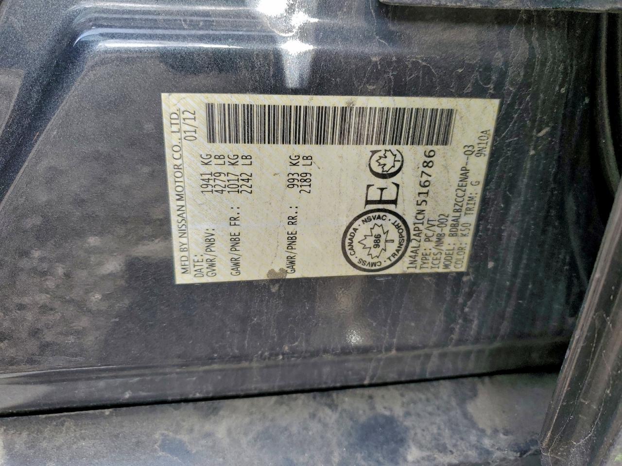 2012 Nissan Altima Base VIN: 1N4AL2AP1CN516786 Lot: 93951135