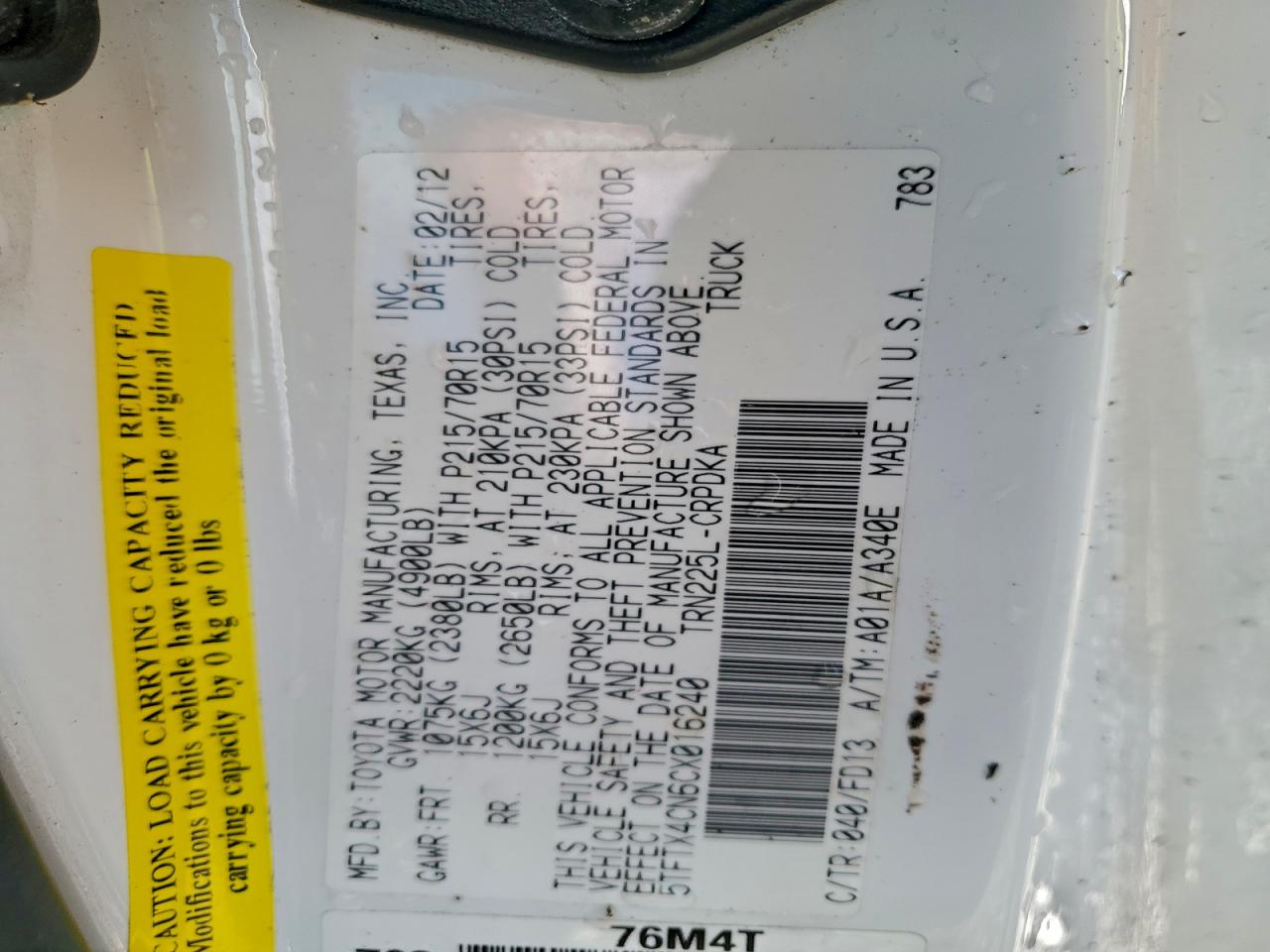 2012 Toyota Tacoma Access Cab VIN: 5TFTX4CN6CX016240 Lot: 94472415