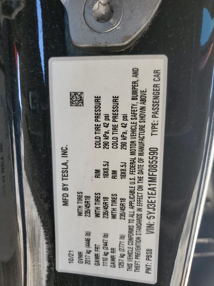 2021 Tesla Model 3 VIN: 5YJ3E1EA1MF085590 Lot: 91658935