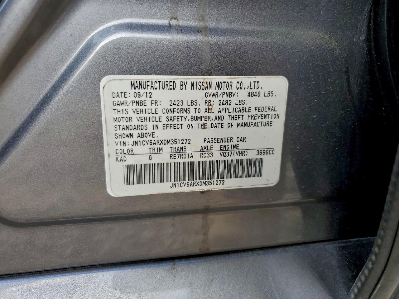 2013 Infiniti G37 VIN: JN1CV6ARXDM351272 Lot: 93243945