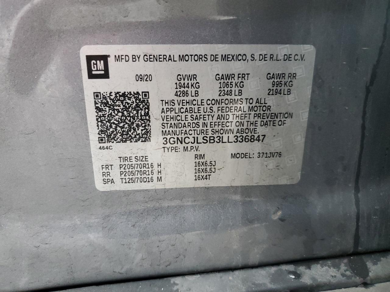 2020 Chevrolet Trax 1Lt VIN: 3GNCJLSB3LL336847 Lot: 90975655