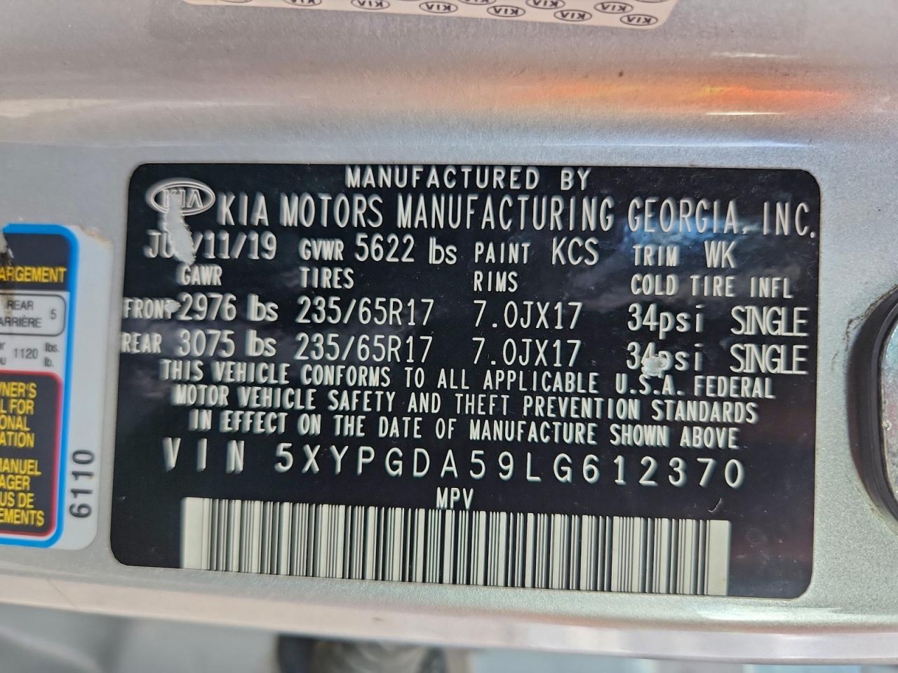 2020 Kia Sorento S VIN: 5XYPGDA59LG612370 Lot: 93901135