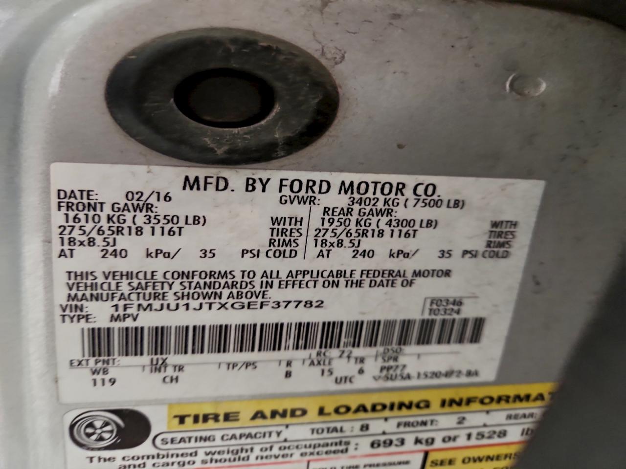 2016 Ford Expedition Xlt VIN: 1FMJU1JTXGEF37782 Lot: 92978925