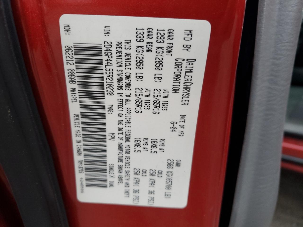 2005 Dodge Grand Caravan Sxt VIN: 2D4GP44L55R210230 Lot: 93455495