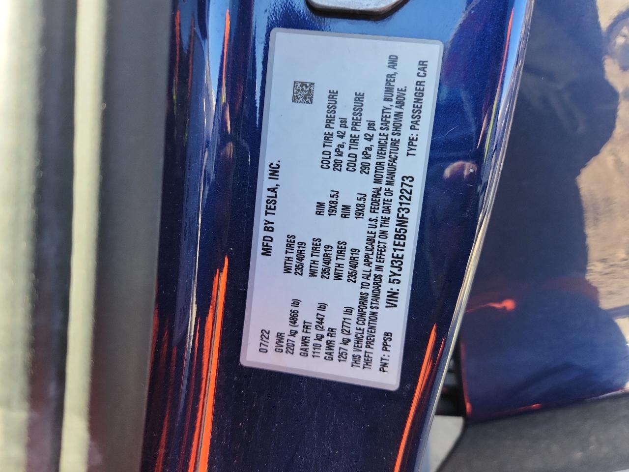 2022 Tesla Model 3 VIN: 5YJ3E1EB5NF312273 Lot: 91842615