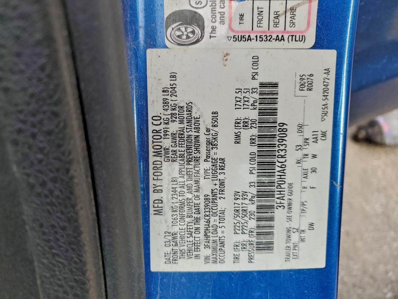 2012 Ford Fusion Se VIN: 3FAHP0HA6CR339089 Lot: 93999475