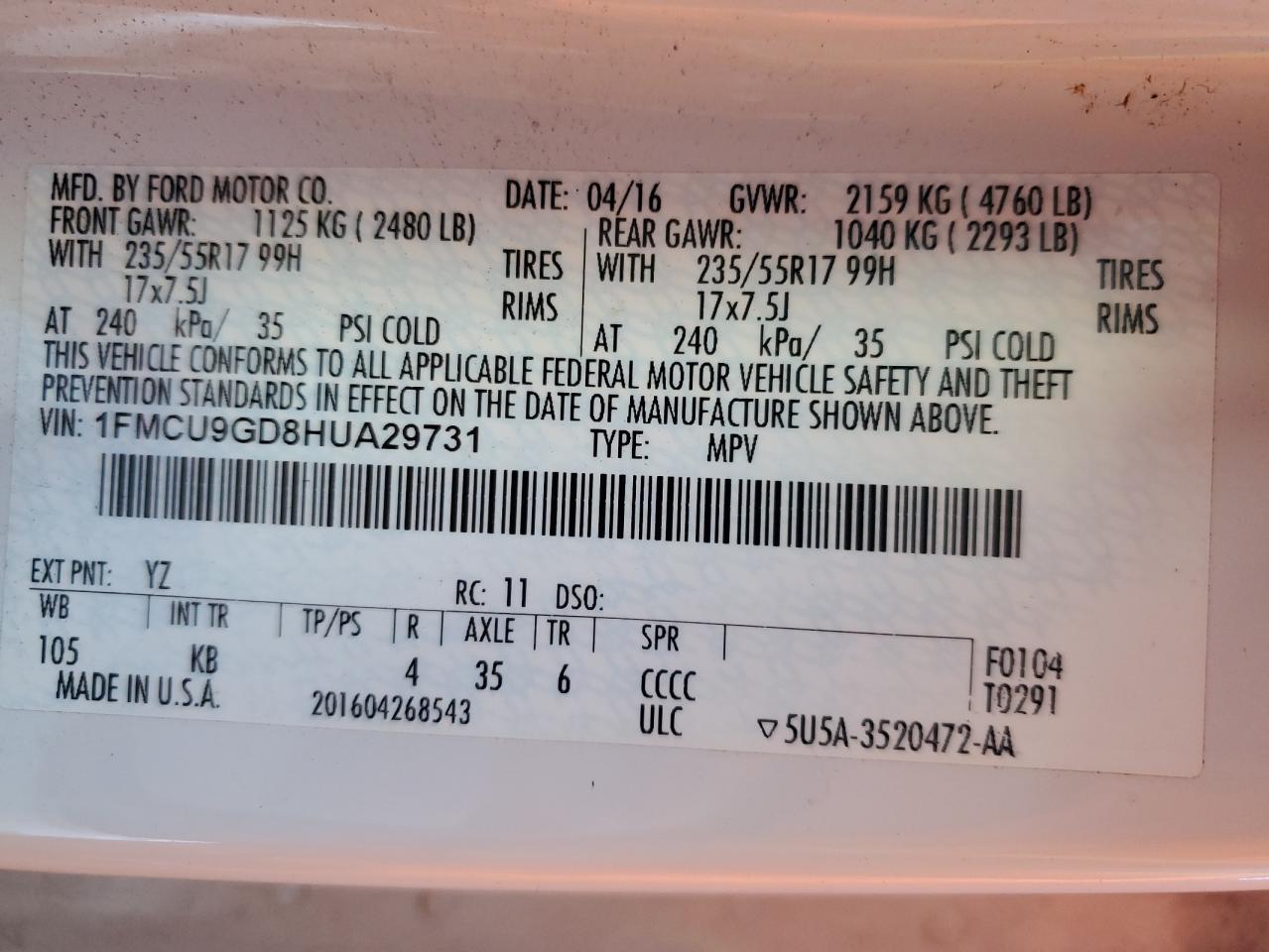 2017 Ford Escape Se VIN: 1FMCU9GD8HUA29731 Lot: 84212865