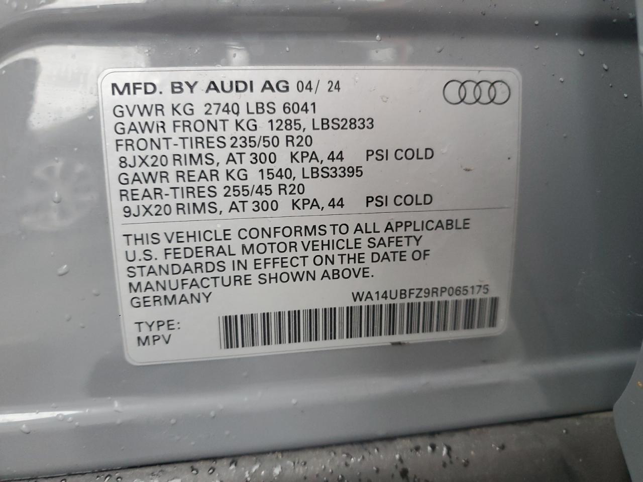 2024 Audi Q4 E-Tron Sportback Prestige VIN: WA14UBFZ9RP065175 Lot: 92922005
