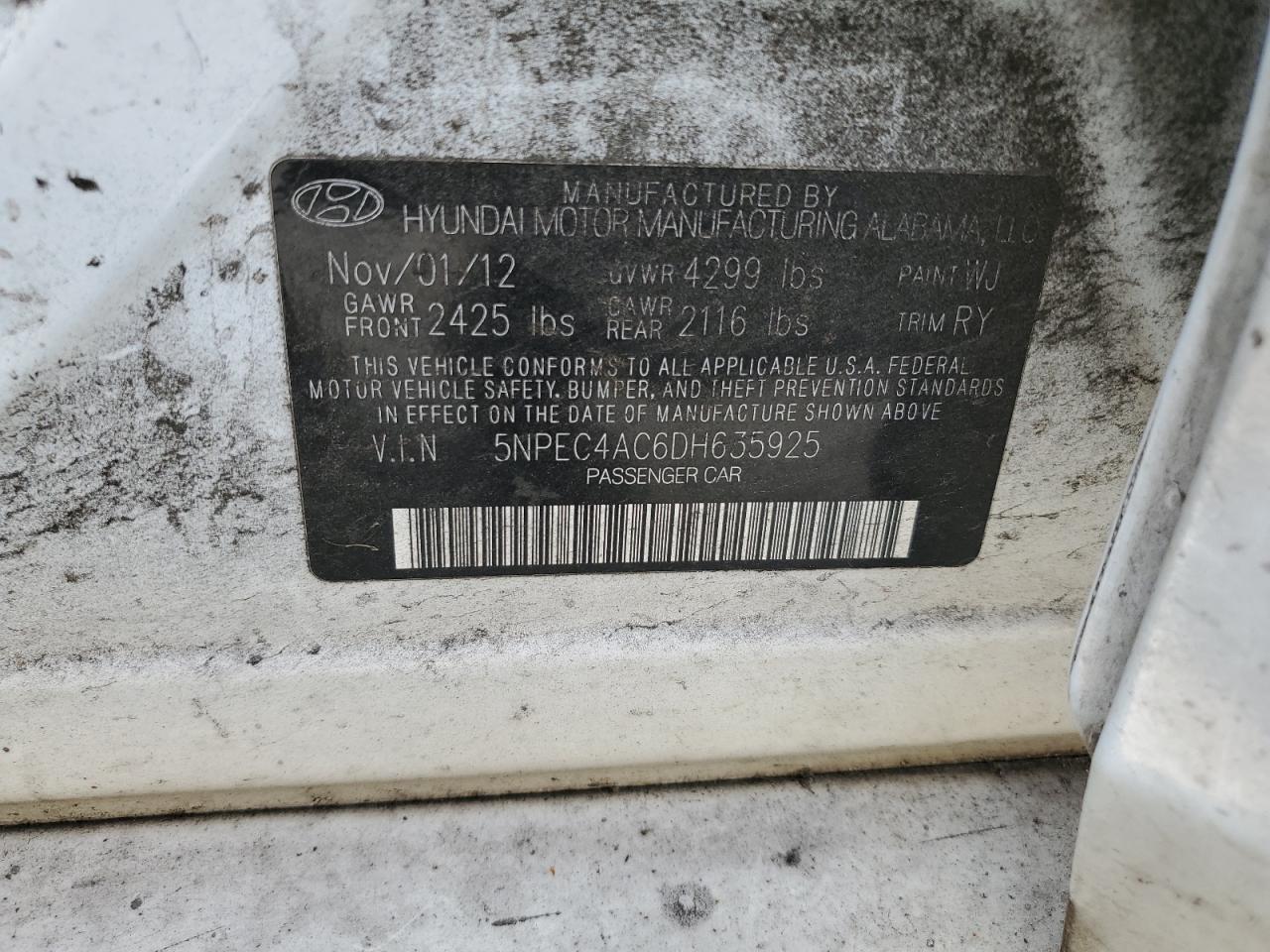 2013 Hyundai Sonata Se VIN: 5NPEC4AC6DH635925 Lot: 93456355