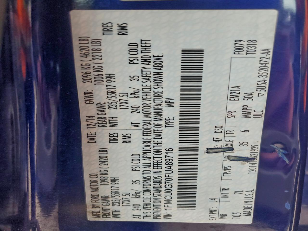 2015 Ford Escape Se VIN: 1FMCU0G70FUA89716 Lot: 93868635