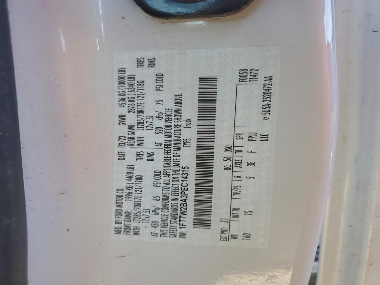 2023 Ford F250 Super Duty VIN: 1FT7W2BA3PEC14315 Lot: 93525105