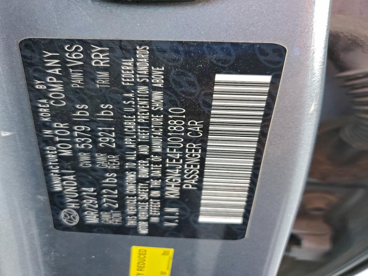 2015 Hyundai Genesis 3.8L VIN: KMHGN4JE4FU018810 Lot: 93887965