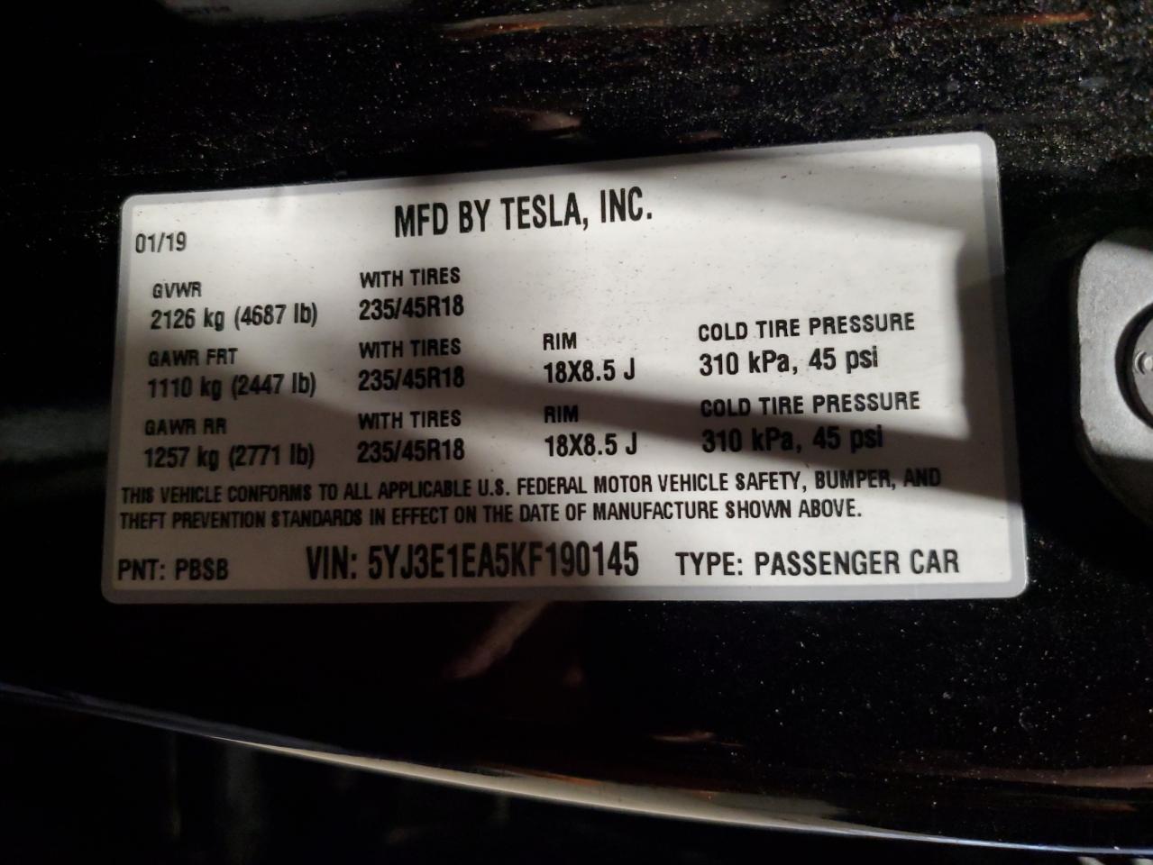 2019 Tesla Model 3 VIN: 5YJ3E1EA5KF190145 Lot: 91281875