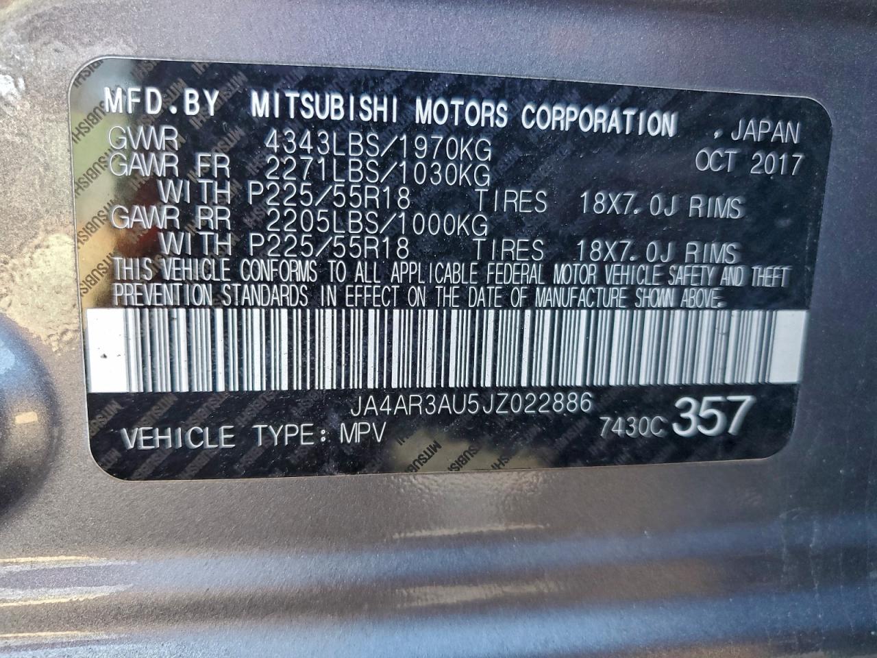 2018 Mitsubishi Outlander Sport Es VIN: JA4AR3AU5JZ022886 Lot: 94193285