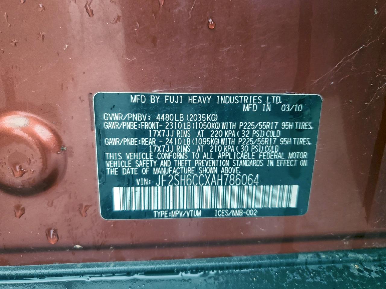 2010 Subaru Forester 2.5X Premium VIN: JF2SH6CCXAH786064 Lot: 93921705