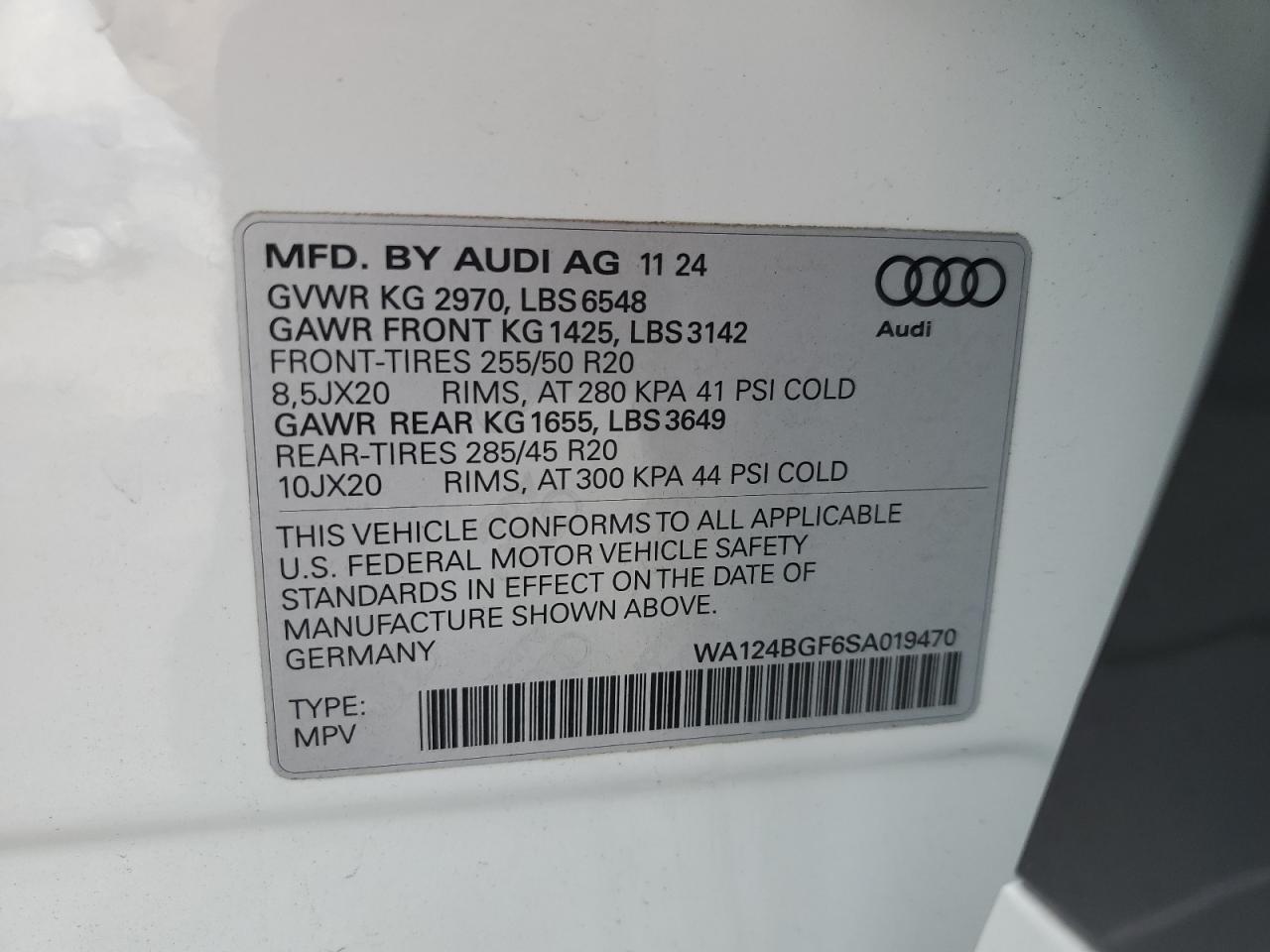 2025 Audi Q6 E-Tron Premium Plus VIN: WA124BGF6SA019470 Lot: 93325615