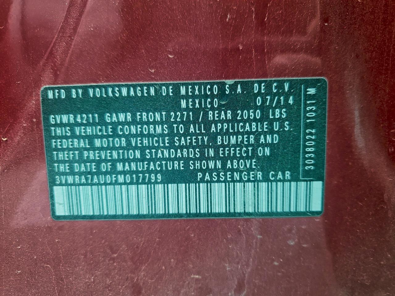 2015 Volkswagen Golf Tdi VIN: 3VWRA7AU0FM017799 Lot: 92952095