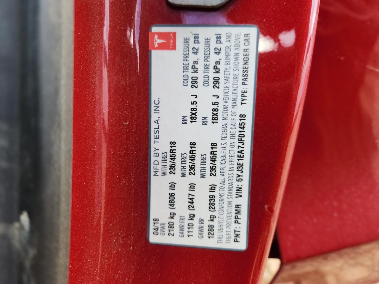 2018 Tesla Model 3 VIN: 5YJ3E1EA7JF014518 Lot: 91993775