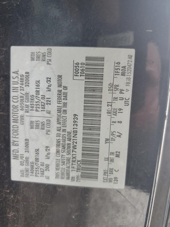 2001 Ford F150 VIN: 1FTRX17W21NB13939 Lot: 91619995