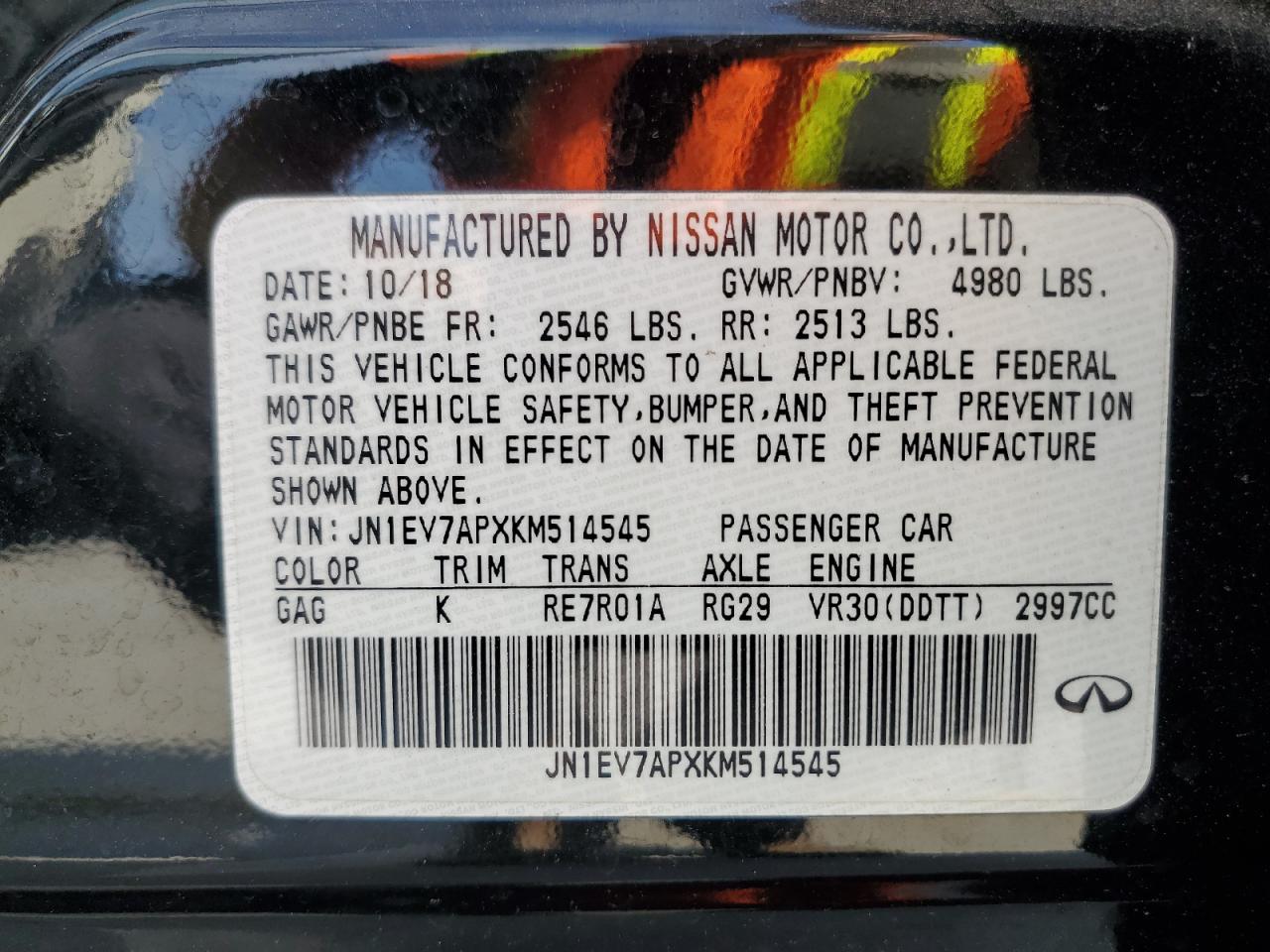 2019 Infiniti Q50 Luxe VIN: JN1EV7APXKM514545 Lot: 91575755