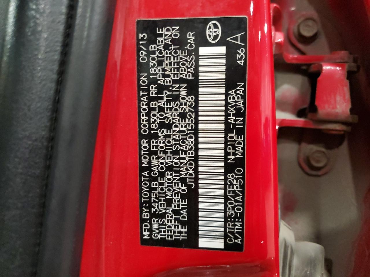 2013 Toyota Prius C VIN: JTDKDTB38D1552738 Lot: 92690405