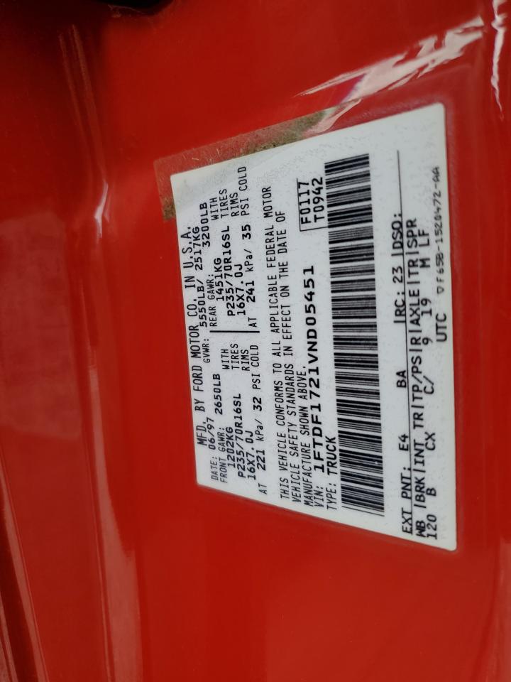 1997 Ford F150 VIN: 1FTDF1721VND05451 Lot: 91855245