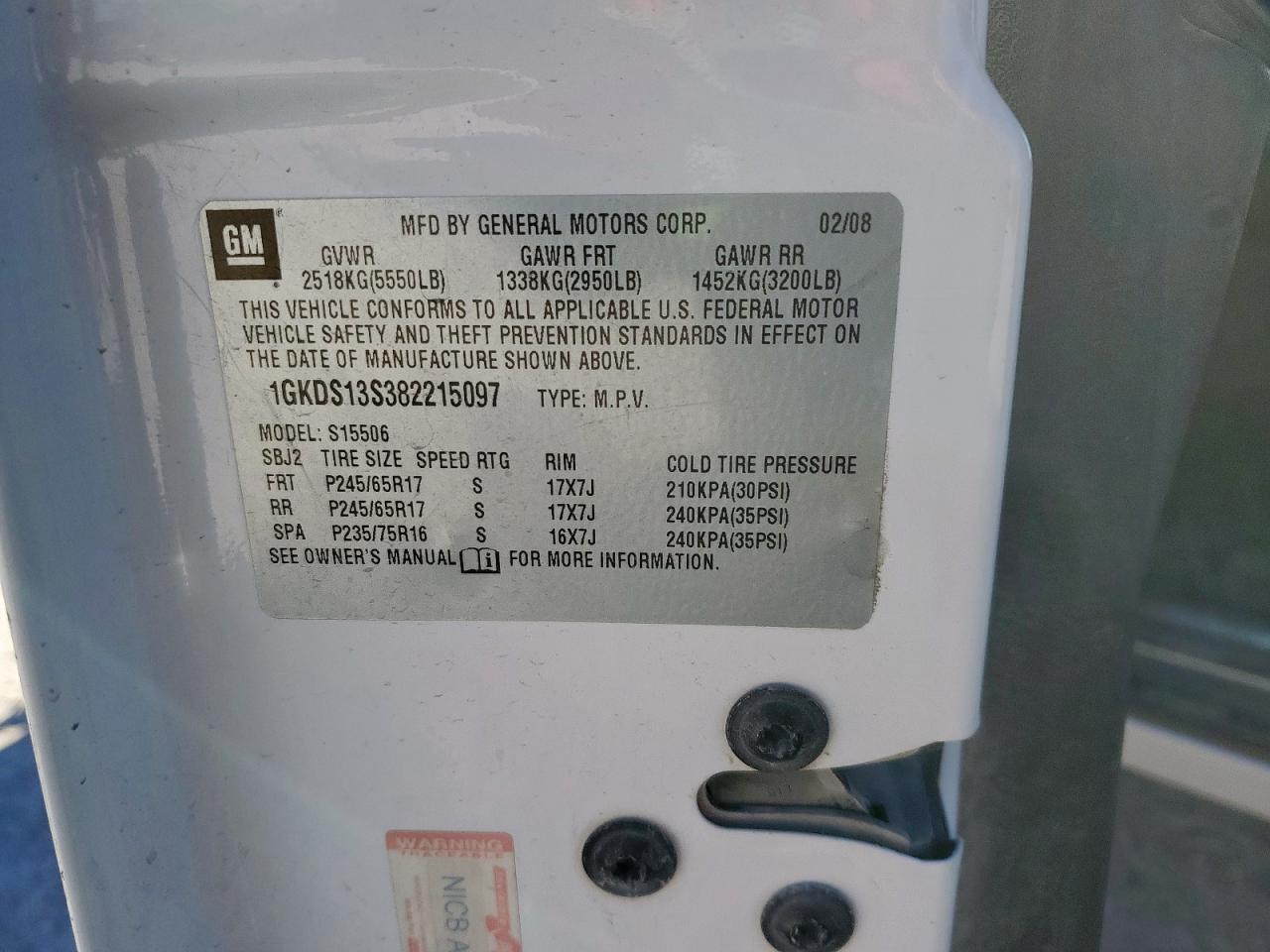 2008 GMC Envoy VIN: 1GKDS13S382215097 Lot: 91735055