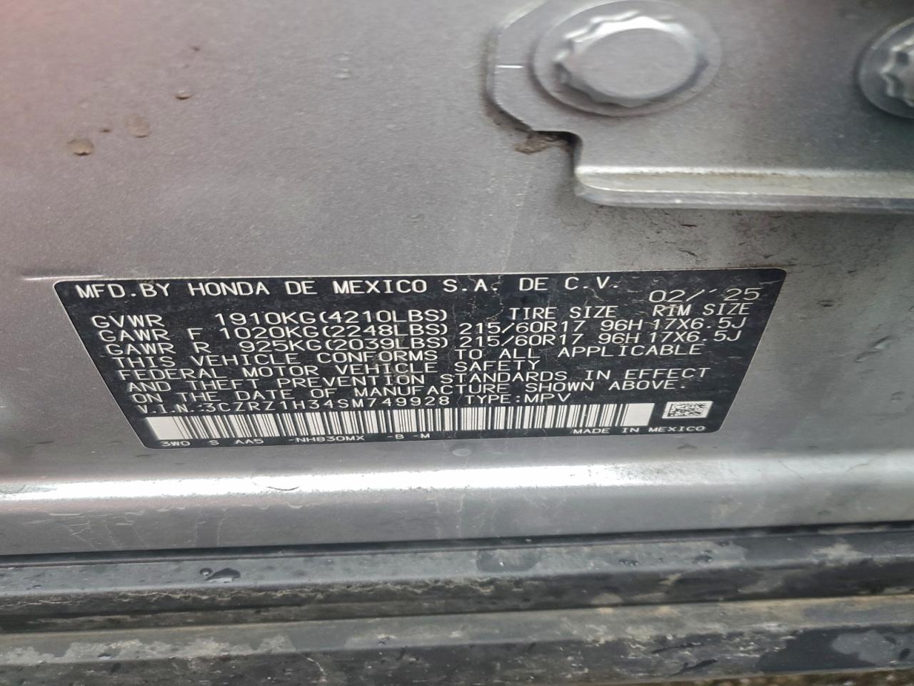 2025 Honda Hr-V Lx VIN: 3CZRZ1H34SM749928 Lot: 94574355