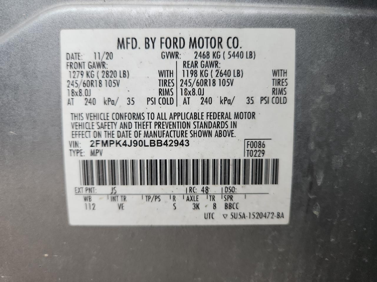 2020 Ford Edge Sel VIN: 2FMPK4J90LBB42943 Lot: 92065425